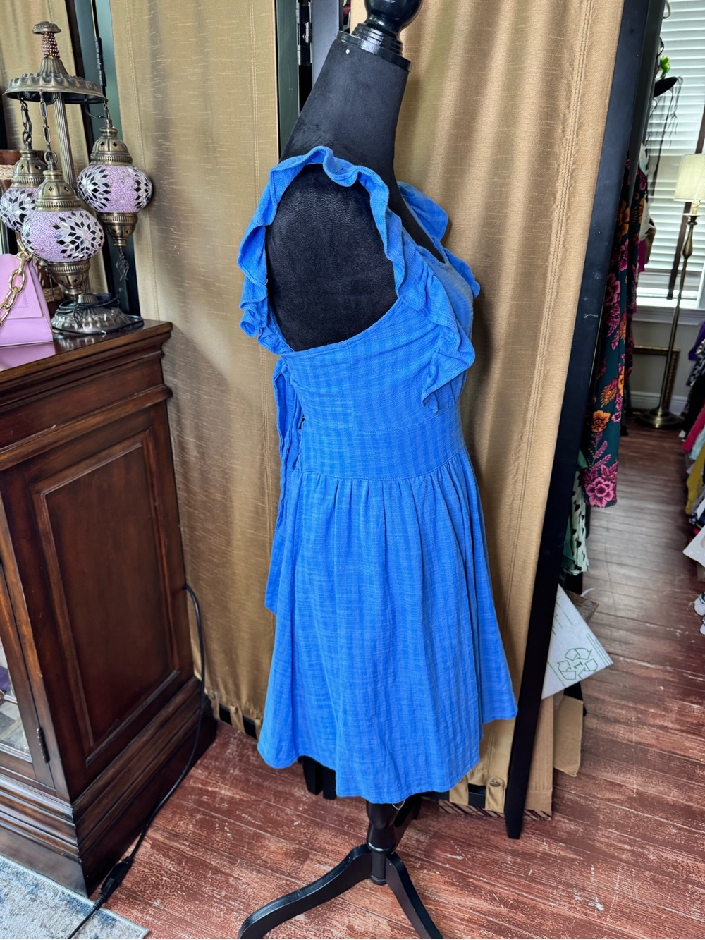 Glam Blue Ruffle Sleeve Tie Back Dress Size Medium Cotton Rayon Fit & Flare - Picture 5 of 7